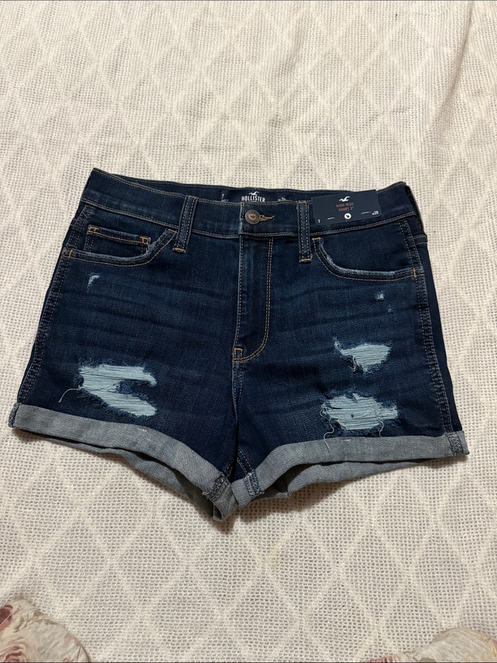 Hollister Dark Indigo Distressed Cuffed Denim Shorts